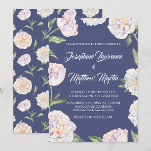 White Peony Floral Blue Wedding Invitations