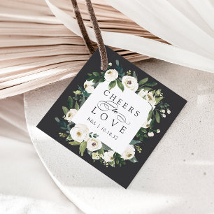 White Peony Floral Frame "Cheers to Liebe" Hochzei Geschenkanhänger