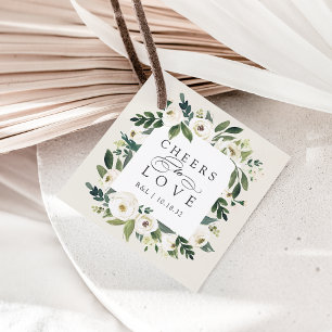 White Peony Floral Frame "Cheers to Liebe" Hochzei Geschenkanhänger