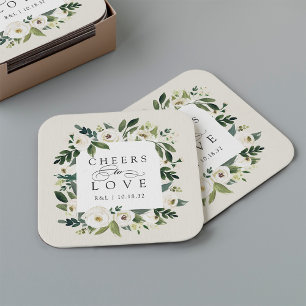 White Peony Floral Frame "Cheers to Liebe" Hochzei Rechteckiger Pappuntersetzer