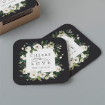 White Peony Floral Frame "Cheers to Love" Wedding Rechteckiger Pappuntersetzer<br><div class="desc">Our White Peony watercolor floral wedding collection features delicately painted watercolor greenery,  green botanical foliage and white and ivory peony flowers. "Cheers to love" appears in classic lettering with calligraphy script accents. Personalize these cocktail napkins with your initials and wedding date,  or your choice of custom text.</div>