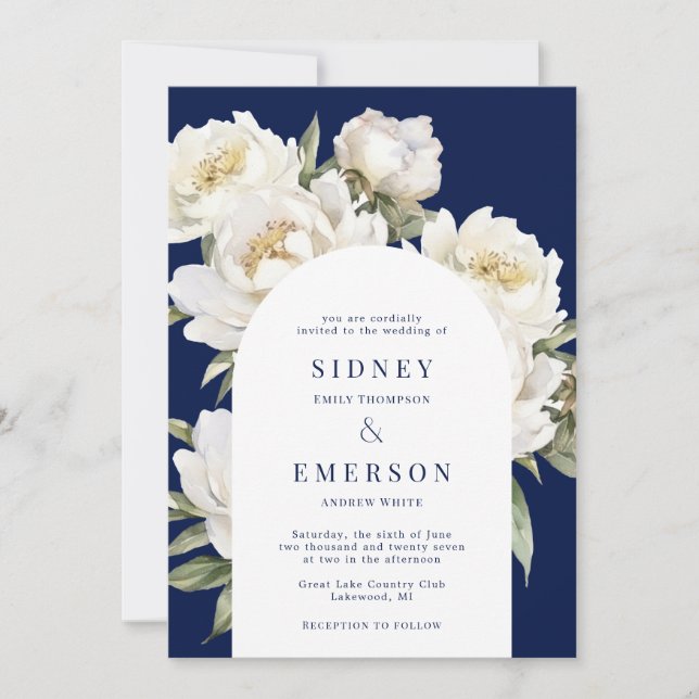 White Peony Floral Navy Mariage Arch Invitation (Devant)
