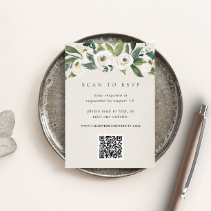 White Peony   Floral QR Code Wedding RSVP Begleitkarte