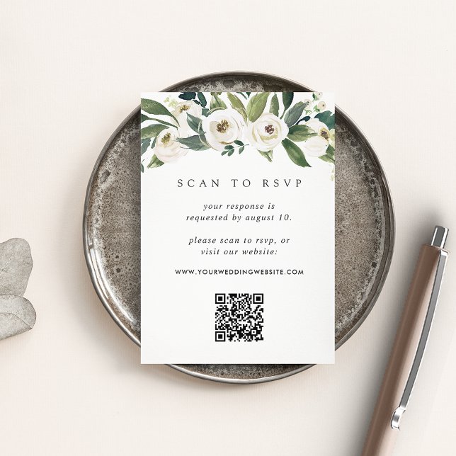 White Peony | Floral QR Code Wedding RSVP Begleitkarte (Von Creator hochgeladen)