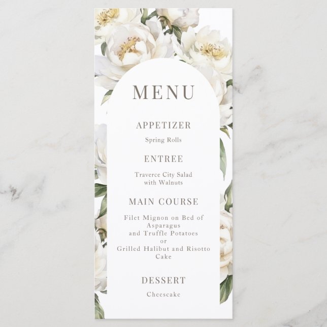 White Peony Floral Wedding Arch Menü Menükarte (Vorderseite)