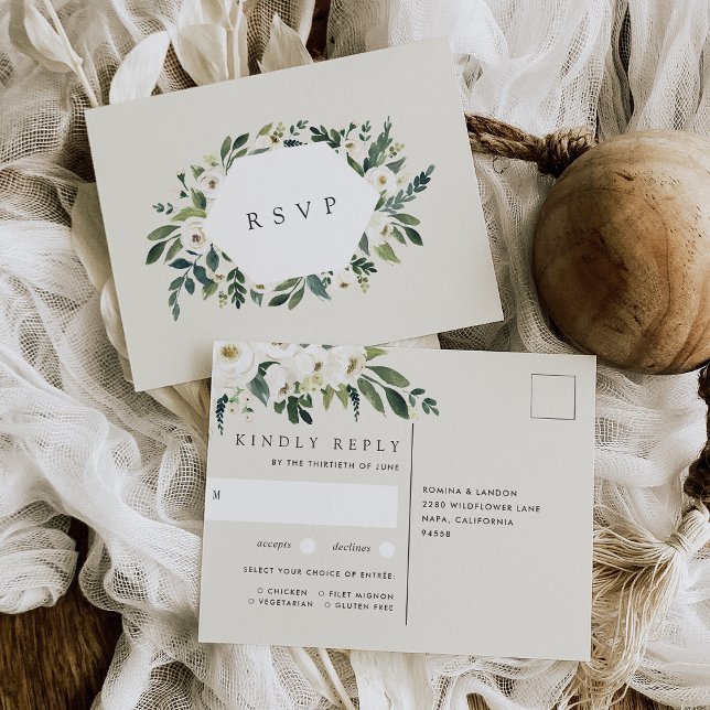 White Peony Floral Wedding Meal Choice RSVP Postkarte (Von Creator hochgeladen)