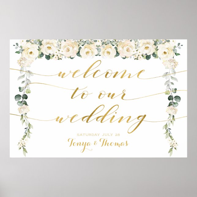 White Peony Gold Calligraphy Willkommen bei Hochze Poster (Vorne)
