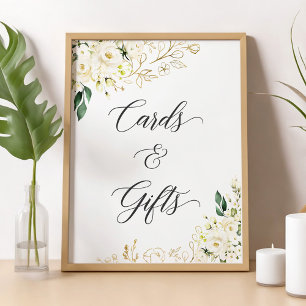 White Peony Gold Floral Cards and Gifts Sign Poster