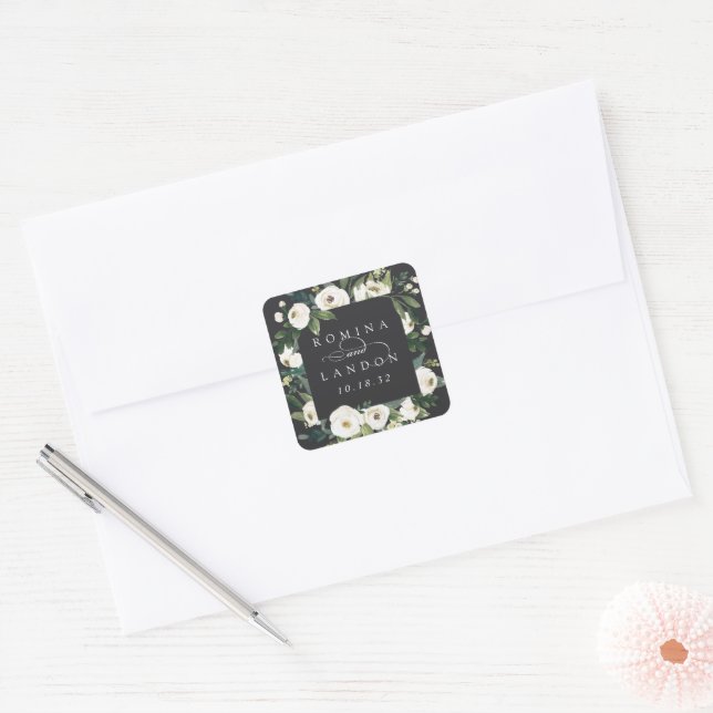 White Peony | Personalisierte Blumenzarge Quadratischer Aufkleber (Umschlag)