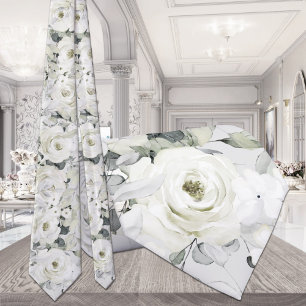 White Peony Silver Eucalyptus Wedding Neck Tie Krawatte