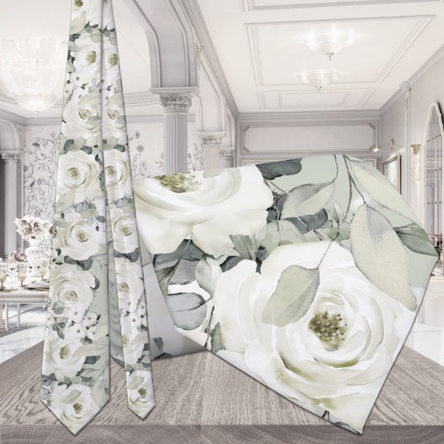 White Peony Silver Eucalyptus Wedding Sage Green Krawatte (Von Creator hochgeladen)