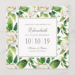 White Peonys & Leaf Watercolor - Bridesmaid Einladung