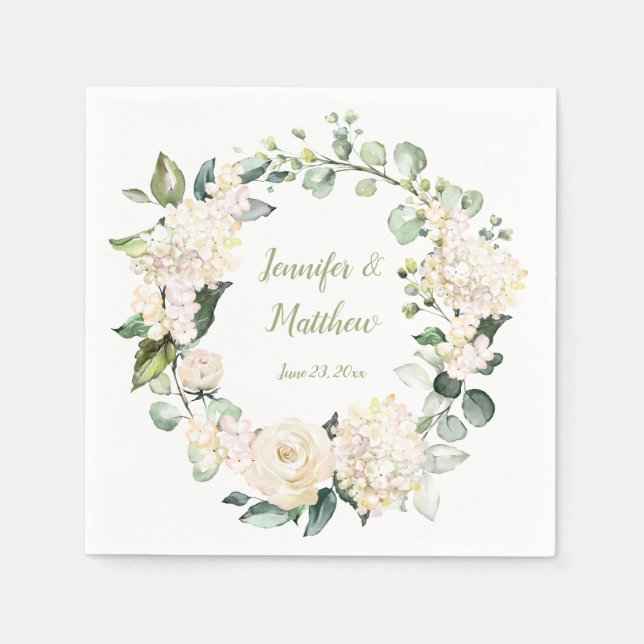 White Peonys und Rose Wreath Wedding Napkins Serviette (Vorderseite)