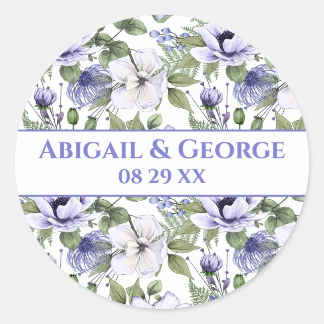 White Periwinkle Florals Lila Gastgeschenk Hochzei Runder Aufkleber (Vorderseite)
