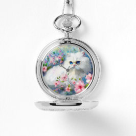 White Persian Kitty Cat Blue Eyes in Pink Blume Armbanduhr