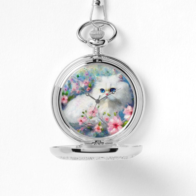 White Persian Kitty Cat Blue Eyes in Pink Blume Armbanduhr (Vorderseite)