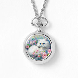 White Persian Kitty Cat Blue Eyes in Pink Blume Armbanduhr