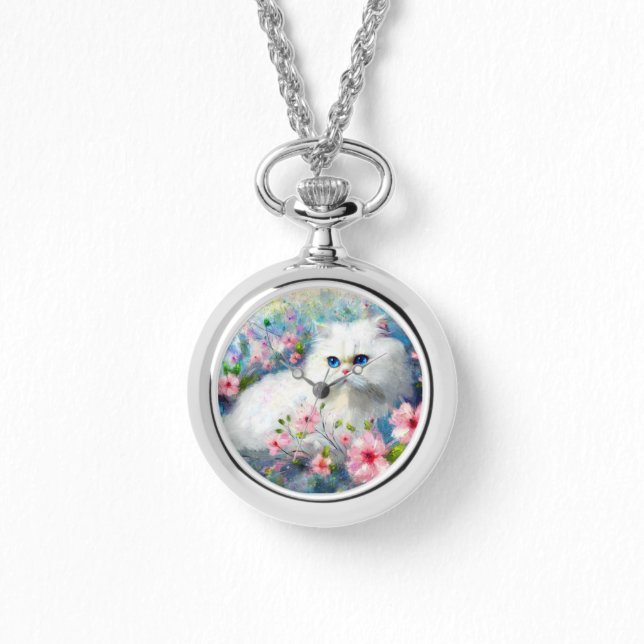 White Persian Kitty Cat Blue Eyes in Pink Blume Armbanduhr (Vorderseite)