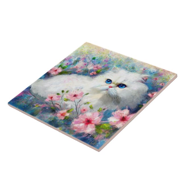 White Persian Kitty Cat Blue Eyes in Pink Blume Fliese (Seite)