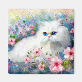 White Persian Kitty Cat Blue Eyes in Pink Blume Magnet