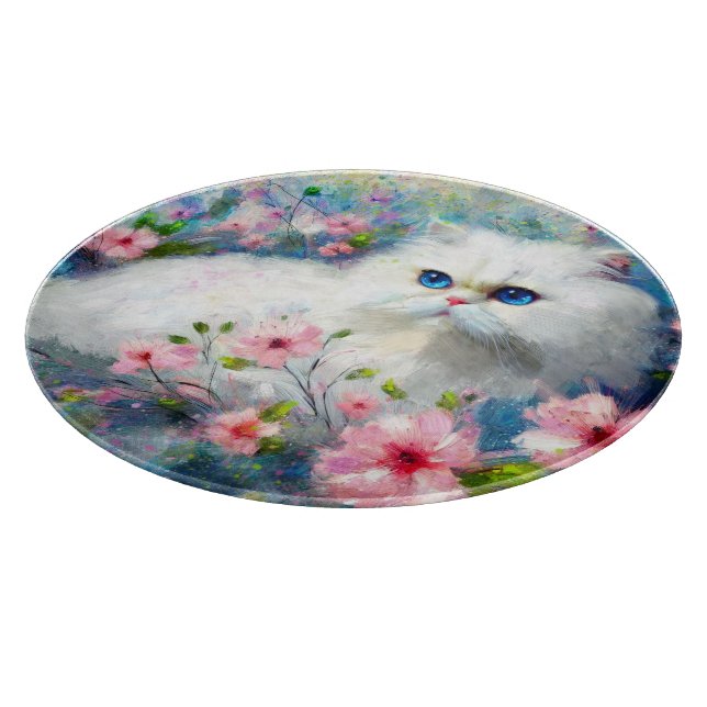 White Persian Kitty Cat Blue Eyes in Pink Blume Schneidebrett (Ecke)