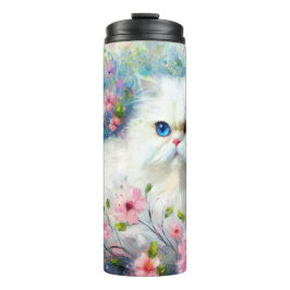 White Persian Kitty Cat Blue Eyes in Pink Blume Thermosbecher