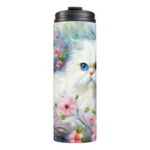 White Persian Kitty Cat Blue Eyes in Pink Blume Thermosbecher