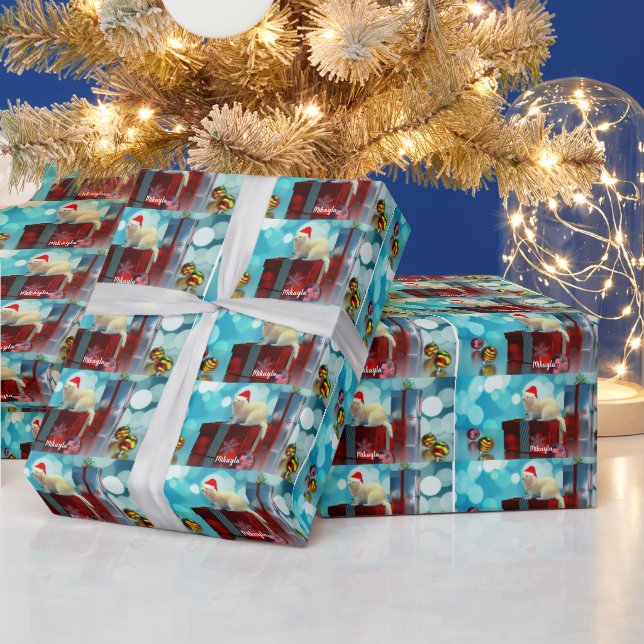 White Pet Ferret in Weihnachtsmannmütze  Geschenkpapier (Feiertage)