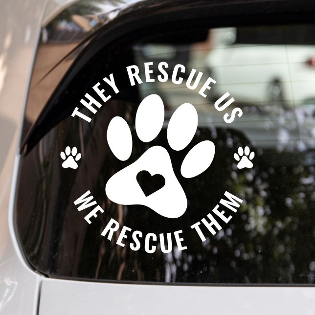 White Pet Lover wir retten sie Auto Window Decal Fensteraufkleber (Modern, minimalist "We Rescue Them" car window decal with white paw prints. Gift for pet lovers.)