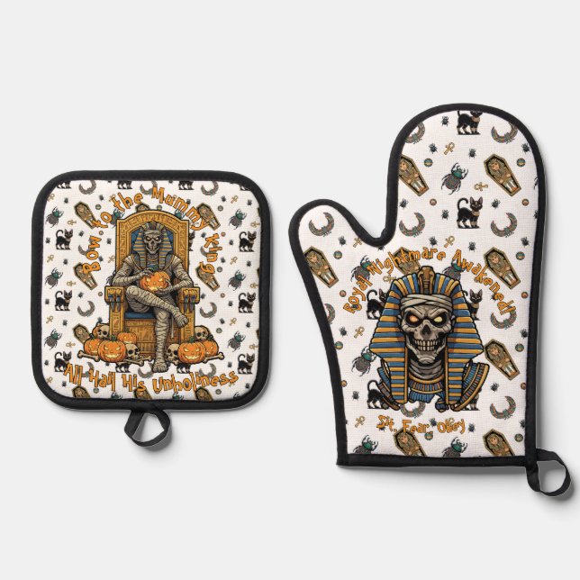 🤍 White Pharaoh Mummy Oven Mitte 🎃 🔥 Ofenhandschuh & Topflappen-Set (Vorderseite)