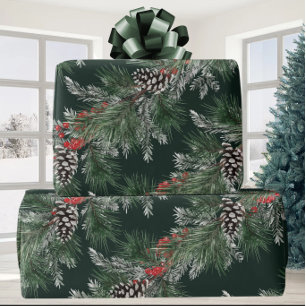White Pine Cones Silver Spruce Red Berries Garland Geschenkpapier