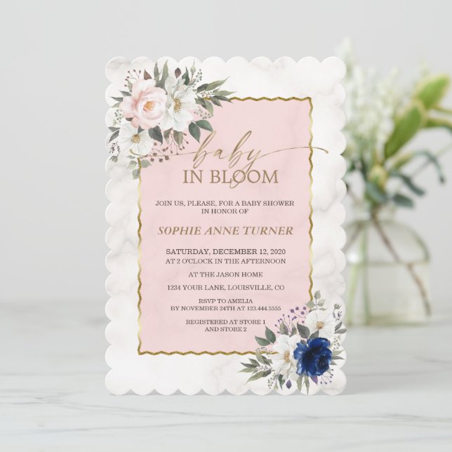 White Pink Blue Floral Twins Gold Baby in Bloom Einladung (Stehend Vorderseite)