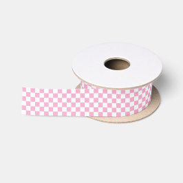 White & Pink Checkerboard Satin Ribbon Satinband