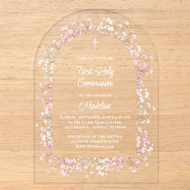 white pink flowers First Communion Acryleinladungen