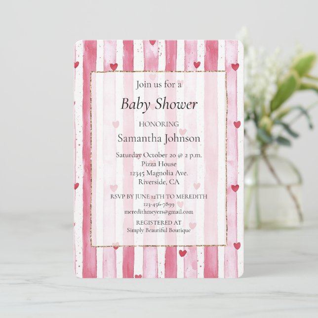 White Pink Heart Stripes Babydusche Einladung (Stehend Vorderseite)