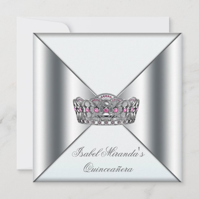 White Pink Silver Tiara Quinceanera 15. Party Einladung (Vorderseite)
