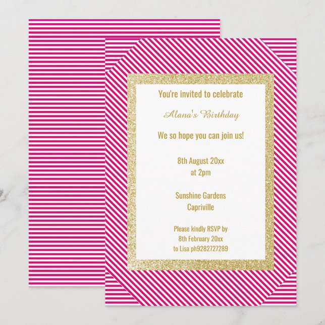 White Pink Strip Gold Moderne Alles im Ozean Einladung (Vorne/Hinten)
