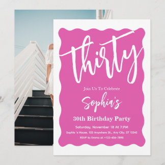 White & Pink Wavy Curve Modern 30. Geburtstag Part Einladung