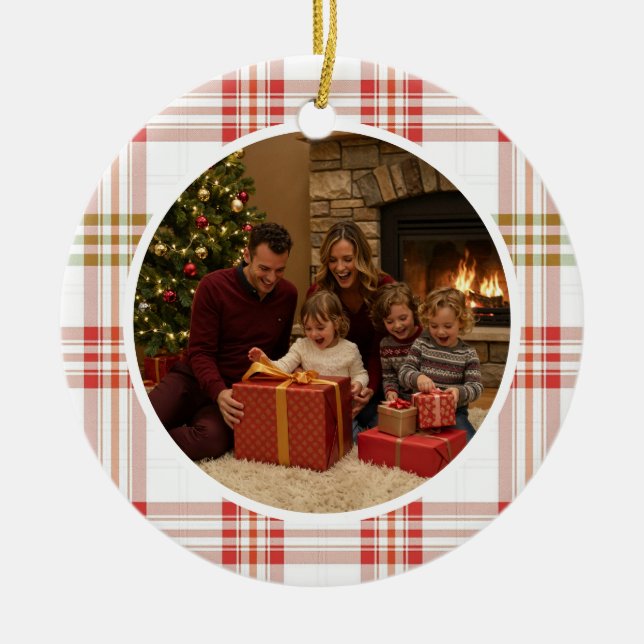 White Plaid Family Christmas Keramik Ornament (Vorne)