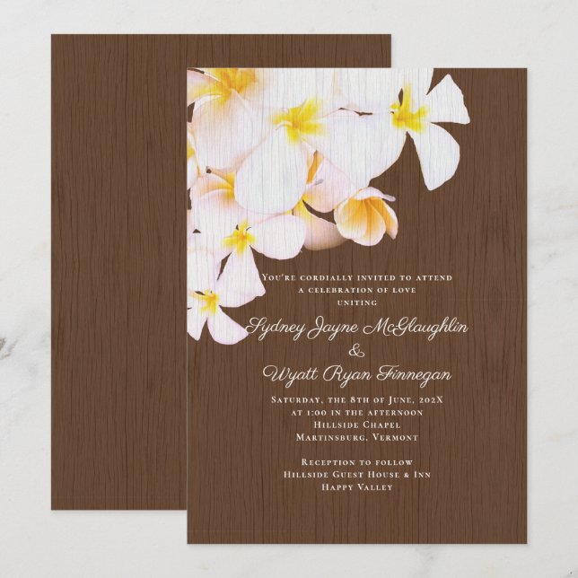White Plumeria Brown Wood Hawaiian Wedding Einladung (Vorne/Hinten)