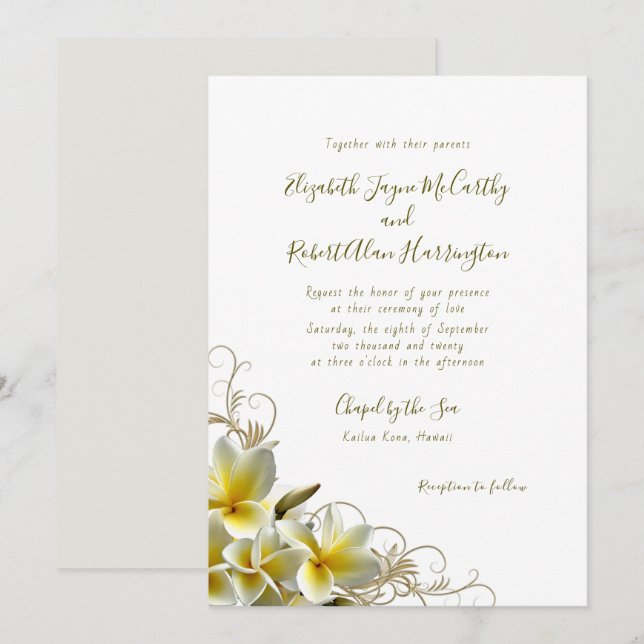 White Plumeria Custom Island Wedding Einladung (Vorne/Hinten)