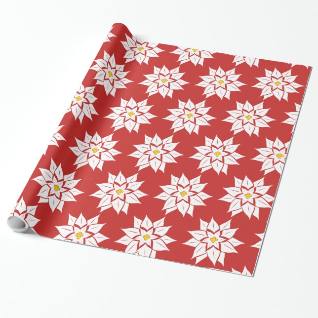 White Poinsettia auf Rot Geschenkpapier (Ungerollt)