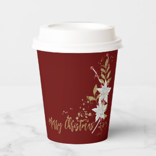 White Poinsettia Burgundy Gold Glitzer Traditionel Pappbecher