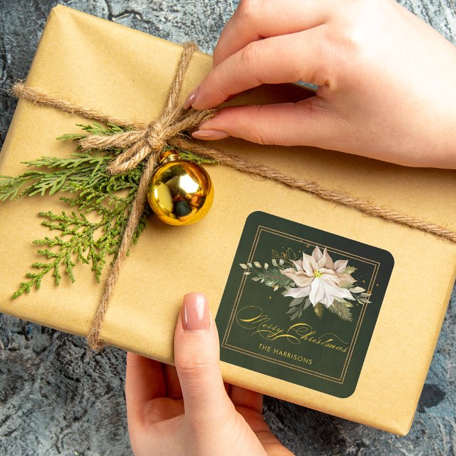 White Poinsettia & Frohe Weihnachtskalligraphie Quadratischer Aufkleber (Von Creator hochgeladen)