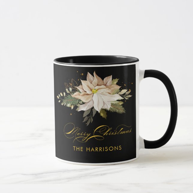 White Poinsettia & Frohe Weihnachtskalligraphie Tasse (Rechts)