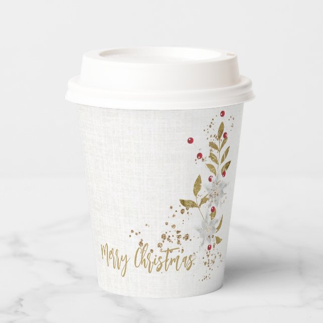 White Poinsettia Red Berries Gold Glitzer Pappbecher (Vorderseite)