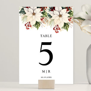 White Poinsettia Red Berries Wedding Tischnummer