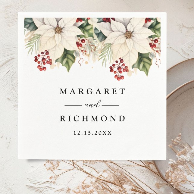 White Poinsettia Red Berries Winter Wedding Paper Serviette (Von Creator hochgeladen)