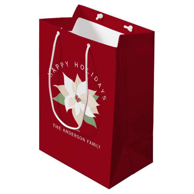 White Poinsettia Rotes Glück Urlaub Mittlere Geschenktüte (Vorderseite Schrägansicht)