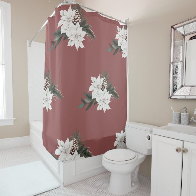 White Poinsettia Winter Florals on Red Duschvorhang (Beispiel)